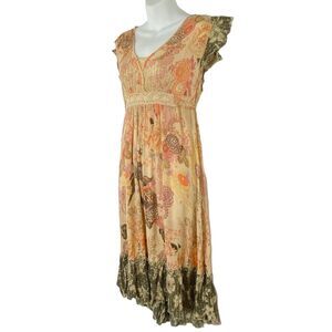 Bila Womens Dress Womens Medium Floral/Cranes Cap Flutter Sleeve Crochet Cottage